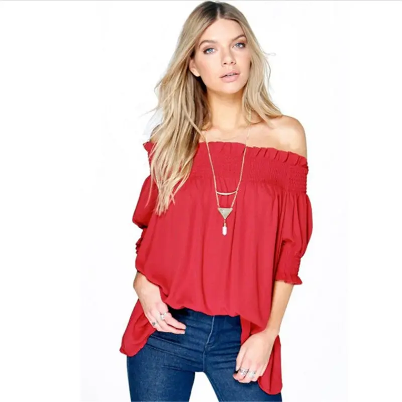 Top Off Shoulder Top Femme Loose Women Blouses Slash Neck Top Shirt Latern Sleeve Plus Size Women Tops 4