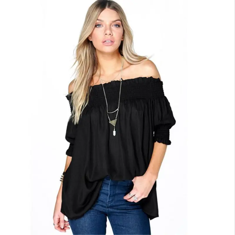 Top Off Shoulder Top Femme Loose Women Blouses Slash Neck Top Shirt Latern Sleeve Plus Size Women Tops 5