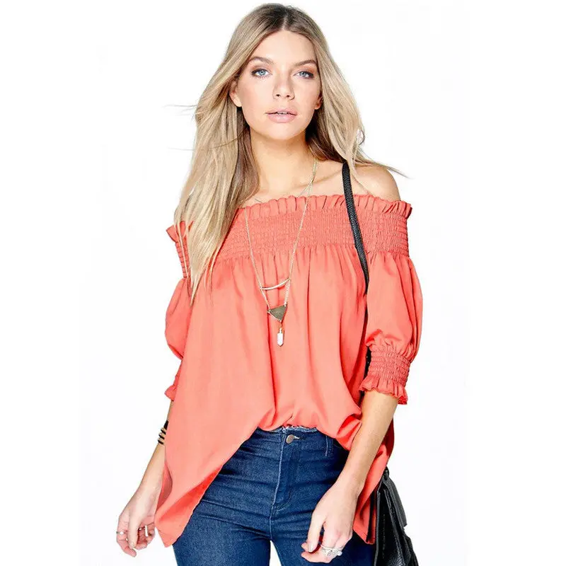 Top Off Shoulder Top Femme Loose Women Blouses Slash Neck Top Shirt Latern Sleeve Plus Size Women Tops 6