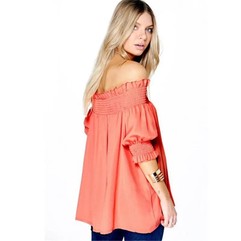 Top Off Shoulder Top Femme Loose Women Blouses Slash Neck Top Shirt Latern Sleeve Plus Size Women Tops 7