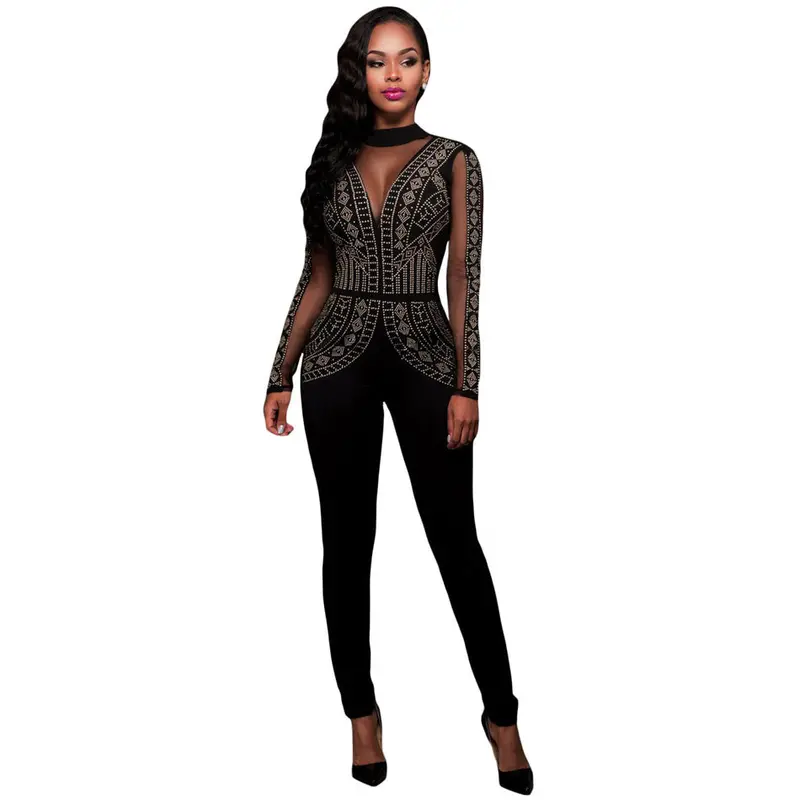 Top Rhinestone Inlay Black Mesh Long Sleeve Bodycon Jumpsuit Long Pants Backless Sexy Jumpsuit 1