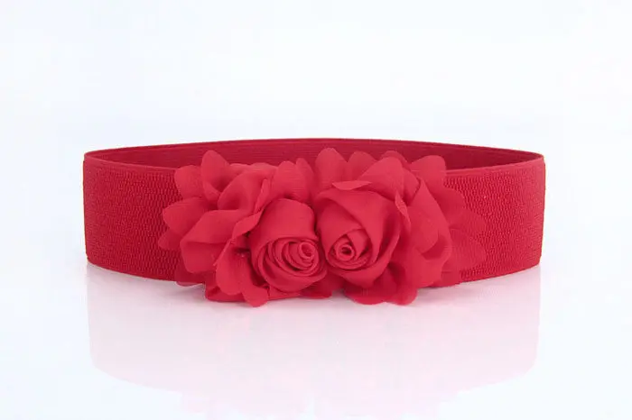 Top Sale Women Girl Flower Wide Elastic Stretch Straps Thin Skinny Waist Belt Alloy Buckle Waistband 2