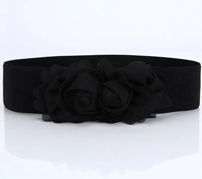 Top Sale Women Girl Flower Wide Elastic Stretch Straps Thin Skinny Waist Belt Alloy Buckle Waistband 4