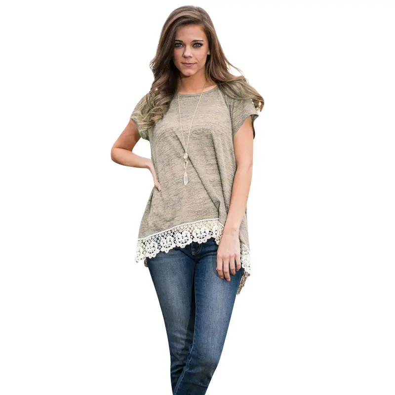 Top Selling Short Sleeve Lace Stitching T-Shirt New Fashion Lace Cotton Blend O-Neck Women T-Shirt 1