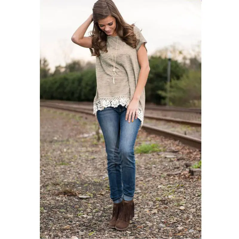 Top Selling Short Sleeve Lace Stitching T-Shirt New Fashion Lace Cotton Blend O-Neck Women T-Shirt 2