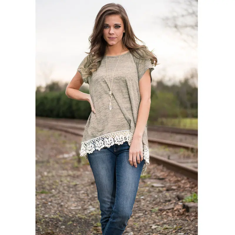 Top Selling Short Sleeve Lace Stitching T-Shirt New Fashion Lace Cotton Blend O-Neck Women T-Shirt 3