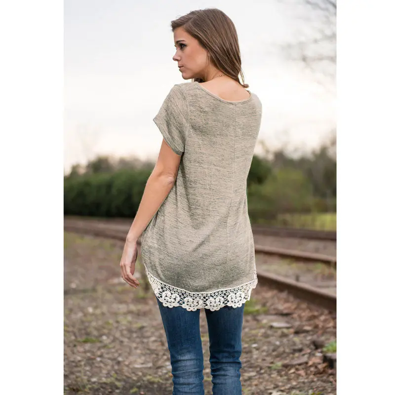 Top Selling Short Sleeve Lace Stitching T-Shirt New Fashion Lace Cotton Blend O-Neck Women T-Shirt 4