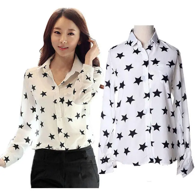 Top Women Chiffon Print Long Sleeve Pentagram Shirt Slim Casual Blouses Blusa Social Feminina 1