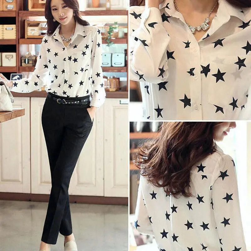Top Women Chiffon Print Long Sleeve Pentagram Shirt Slim Casual Blouses Blusa Social Feminina 2