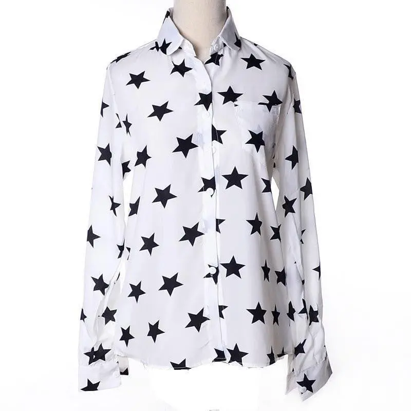 Top Women Chiffon Print Long Sleeve Pentagram Shirt Slim Casual Blouses Blusa Social Feminina 4