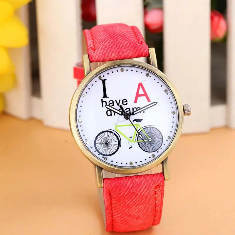 Top Women Relogio Women Denim Leather Watches Casual Dress Watches Bicycle Letter Print Girls Bracelet Hour 1