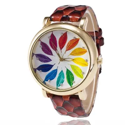 Top Wristwatch Clock Wrist Watch Lady Quartz Clocks Montre Relogio Feminino Leaves Print Hour 2