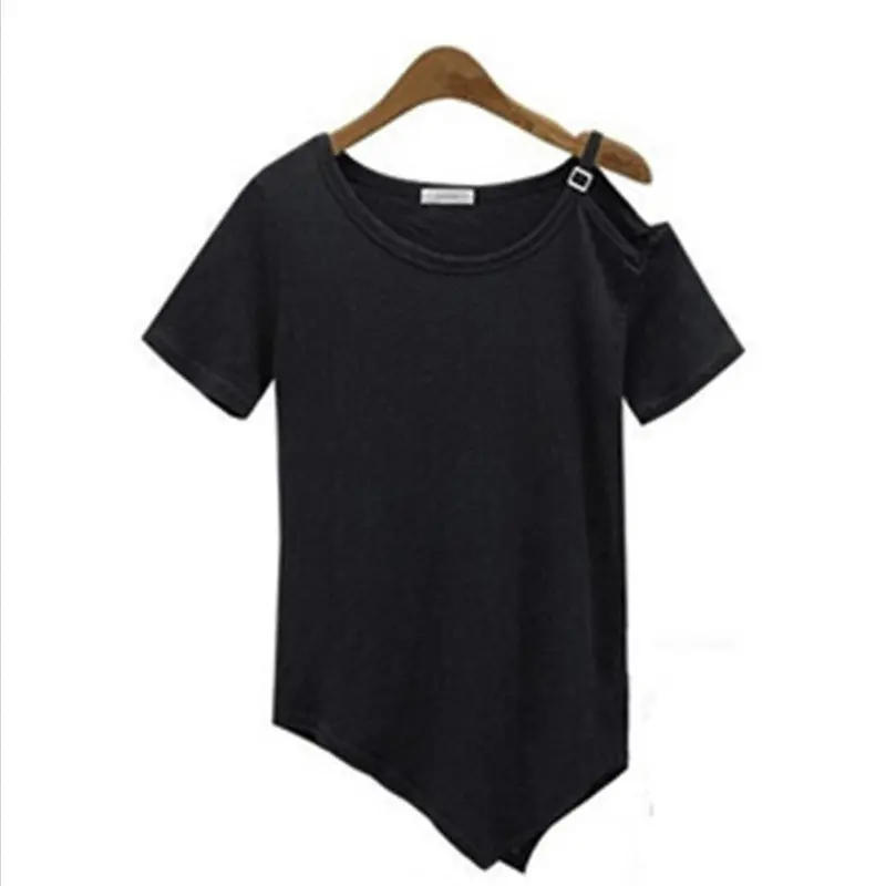 Tops Cotton Short Sleeve Off Shoulder Tee Shirt Femme Solid Women Tops Camisetas Irregular Hem T Shirts For Women 1