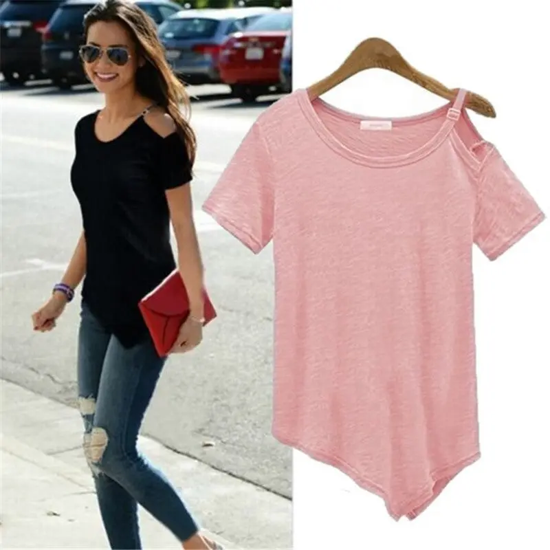 Tops Cotton Short Sleeve Off Shoulder Tee Shirt Femme Solid Women Tops Camisetas Irregular Hem T Shirts For Women 4