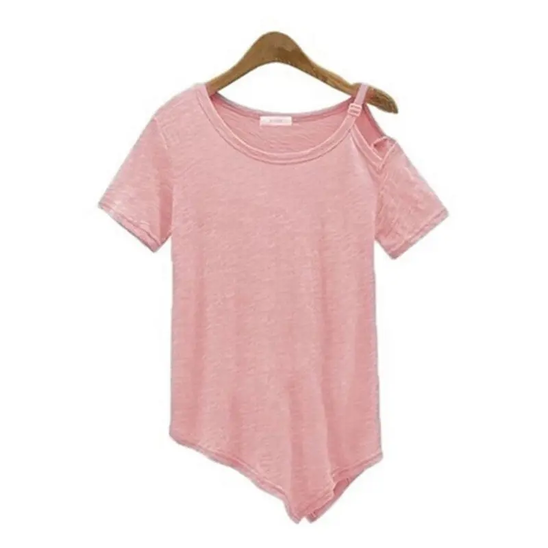 Tops Cotton Short Sleeve Off Shoulder Tee Shirt Femme Solid Women Tops Camisetas Irregular Hem T Shirts For Women 5