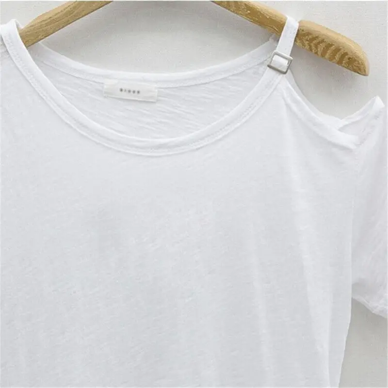 Tops Cotton Short Sleeve Off Shoulder Tee Shirt Femme Solid Women Tops Camisetas Irregular Hem T Shirts For Women 8