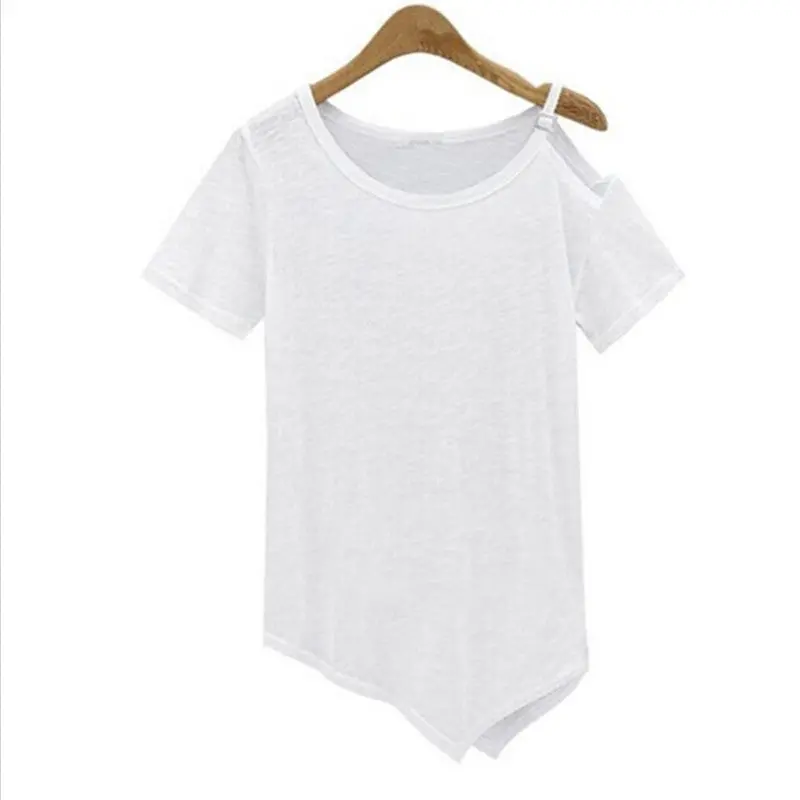 Tops Cotton Short Sleeve Off Shoulder Tee Shirt Femme Solid Women Tops Camisetas Irregular Hem T Shirts For Women 9