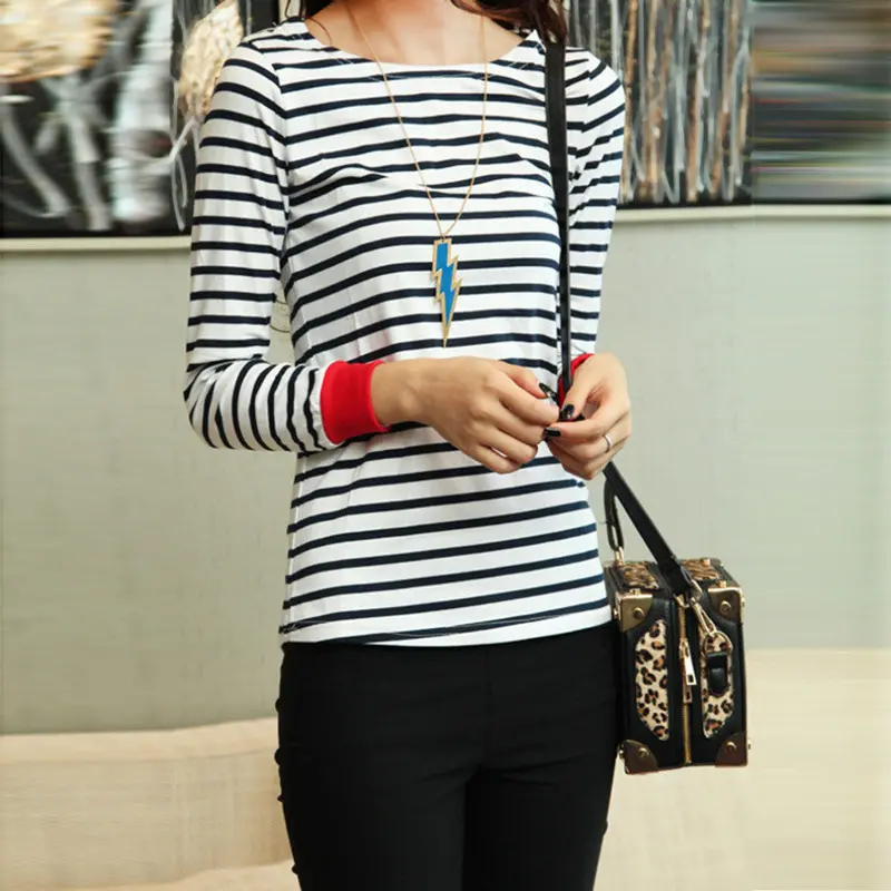 Tops O-Neck T-Shirt Long Sleeve Black And White Striped T Shirts Black And White Tees 2