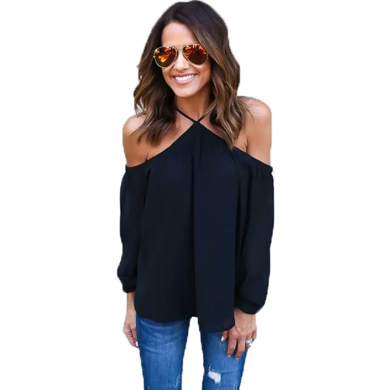 Tops Sexy Cold Shoulder Chiffon Shirts Women Lantern Sleeve Halter Top 4 Colors Off Shoulder Tops Blouses 1