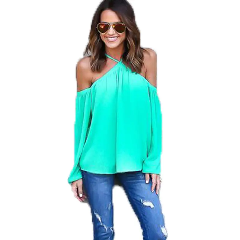 Tops Sexy Cold Shoulder Chiffon Shirts Women Lantern Sleeve Halter Top 4 Colors Off Shoulder Tops Blouses 8