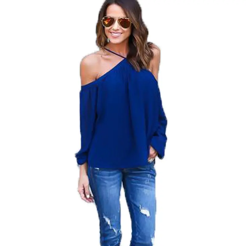 Tops Sexy Cold Shoulder Chiffon Shirts Women Lantern Sleeve Halter Top 4 Colors Off Shoulder Tops Blouses 9