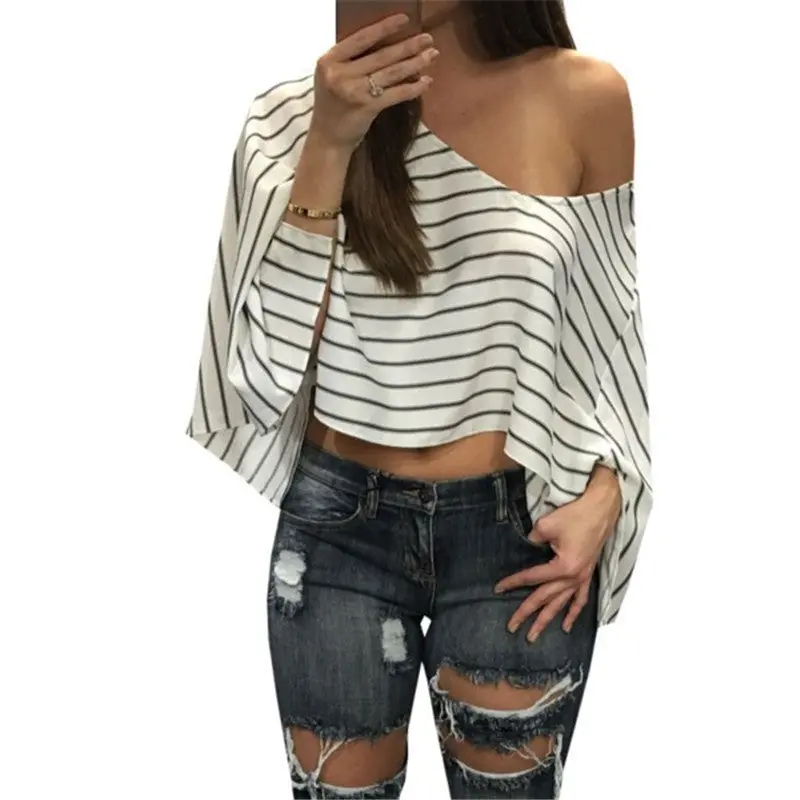 Tops Women Sexy Off Shoulder Striped Women Blouse Crop Top Flare Sleeve Loose Tops For Women One Shoulder Women Shirts 2