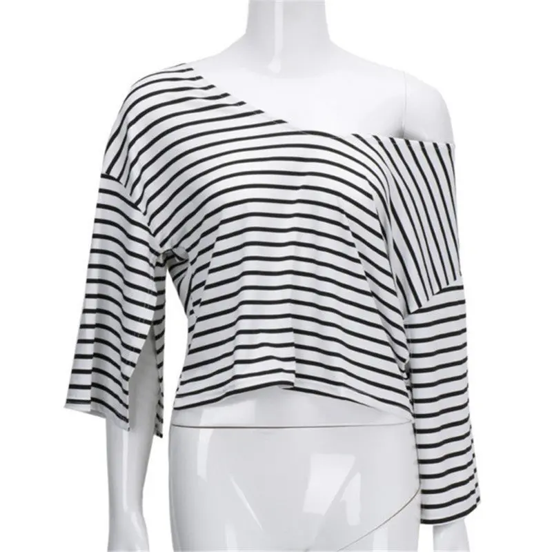 Tops Women Sexy Off Shoulder Striped Women Blouse Crop Top Flare Sleeve Loose Tops For Women One Shoulder Women Shirts 3