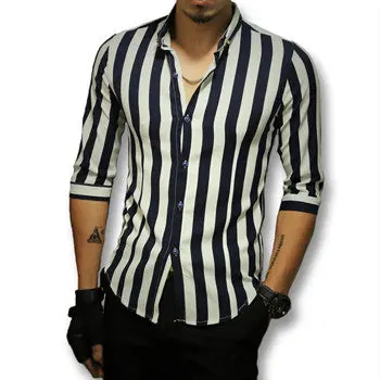 Toughstyle Stripped Shirts Casual Slim Fit Three Quarter Sleeve Length Shirts Camisa Masculina 1