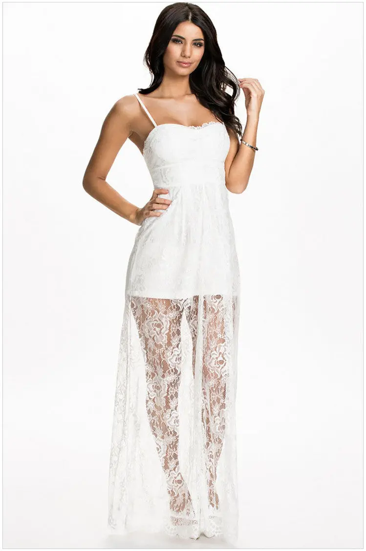 Transparent Floral Lace Floor-Length Elegant Long Dress Sleeveless Spaghetti Strap Skater White Maxi Dress 60237 1