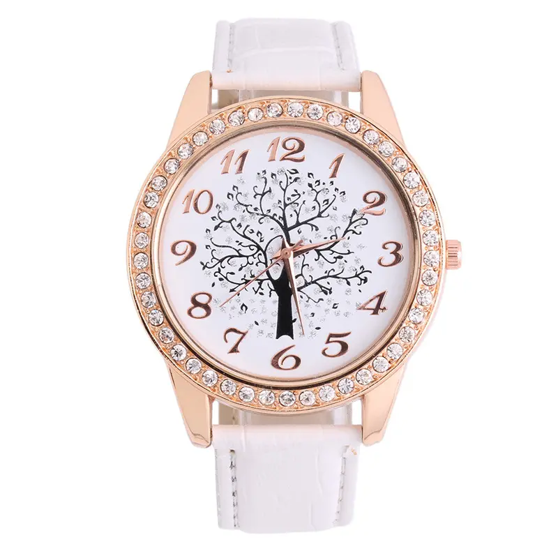 Tree Dial Rhinestone Inlaid Golden Tone Case Faux Leather Band Round Wrist Watch 1