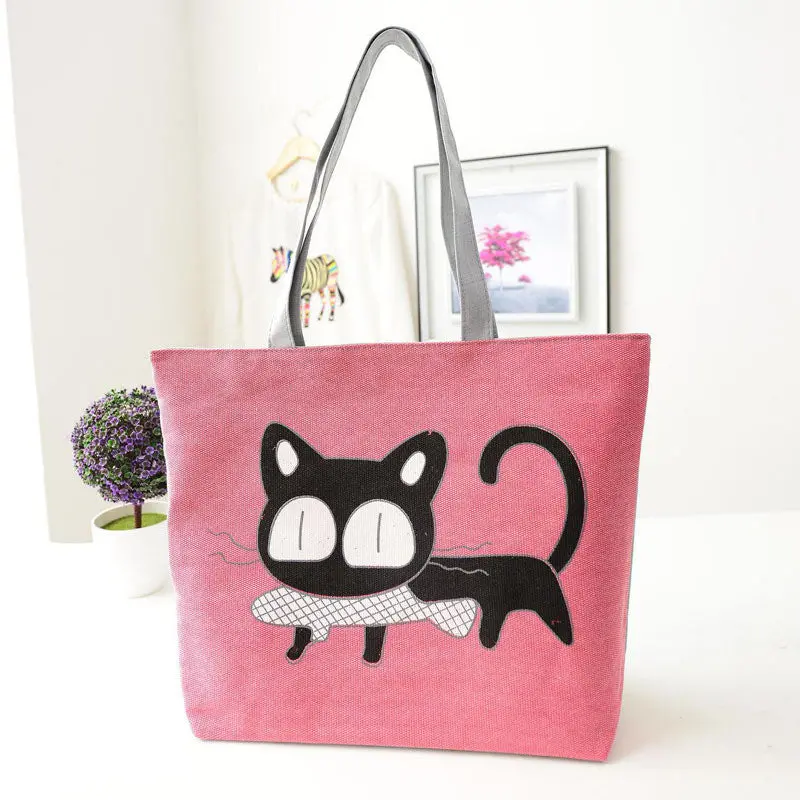 Trend American Apparel Women Bags Cute Canvas Shoulder Bag Cat Print Casual Messenger Shopping Bag 1