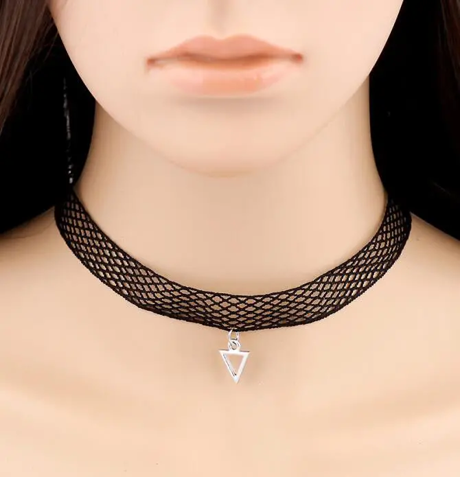 Trend Black Lace Choker Necklace Silver Geometry Triangle Pendant Necklace Girls Psxl055 1