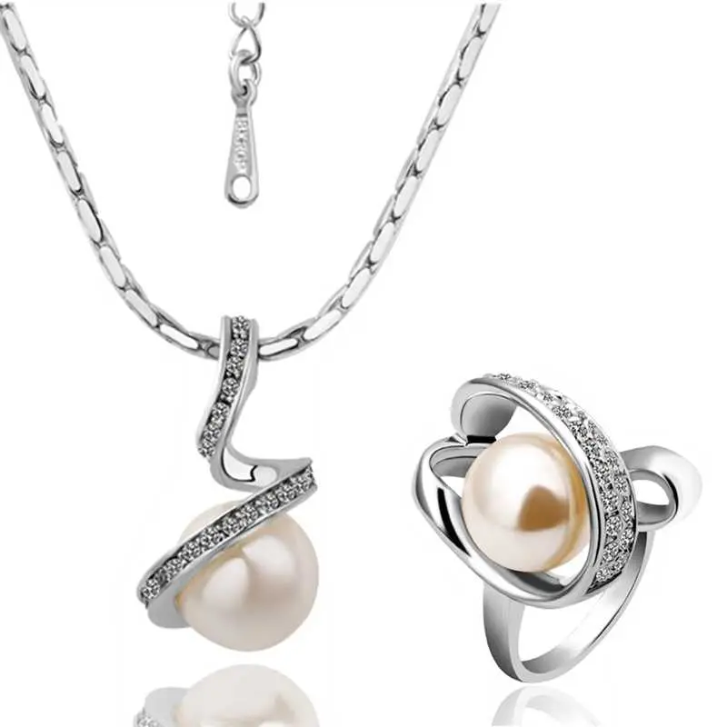 Trendy 18K Gold Plated Jewelry Set Spiral Simulated Pearl Necklace+Rings Sets Bone165 2