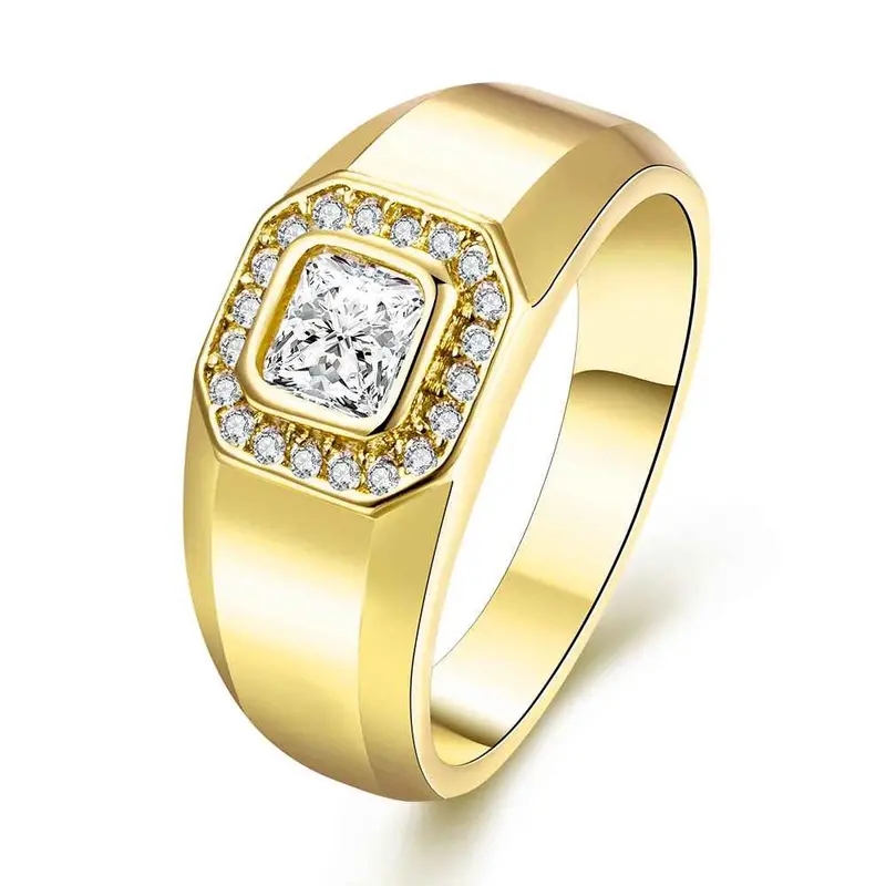Trendy 18K Gold Plating Engagement Ring Hornless Square Insets Anel Masculino Hand Madeball 1