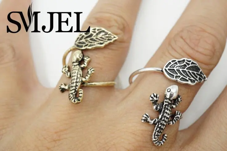 Trendy Antique Bronze And Silver Animal Lizard Leaf Rings Gecko Adjustable Vintage Ring R326 1