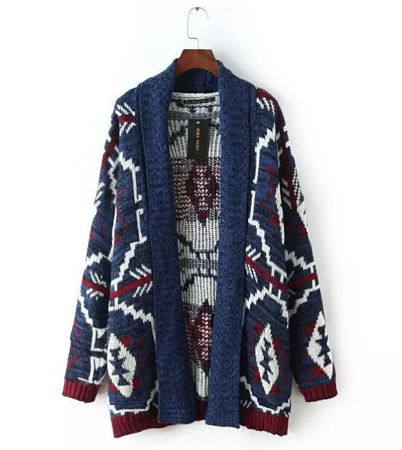 Trendy Color Contrast Hippie Boho Ethnic Knit Cardigan Sweater Women's Geometric Sweater Coat Cape Jumper Tops 1