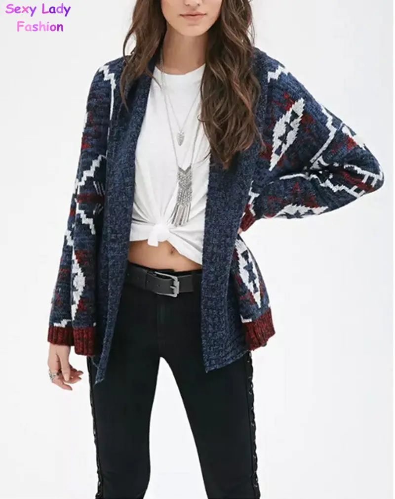 Trendy Color Contrast Hippie Boho Ethnic Knit Cardigan Sweater Women's Geometric Sweater Coat Cape Jumper Tops 2