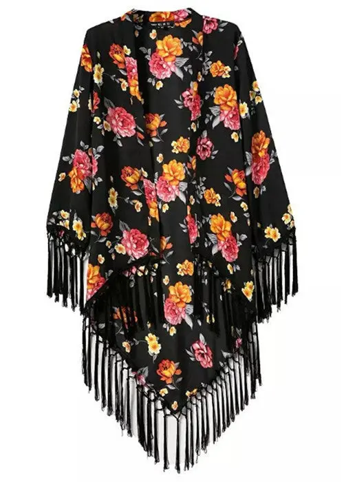 Trendy Contrast Flower Print Irregular Tassel Hem Cardigan Kimono Blouse Women's Loose Shirt Blouses Tops 1