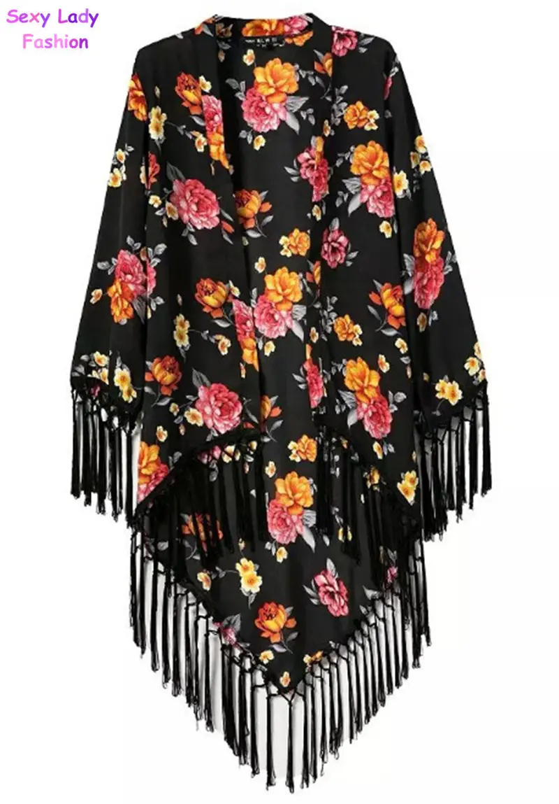 Trendy Contrast Flower Print Irregular Tassel Hem Cardigan Kimono Blouse Women's Loose Shirt Blouses Tops 3