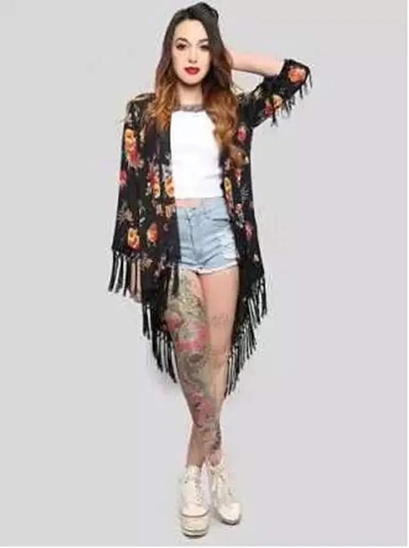 Trendy Contrast Flower Print Irregular Tassel Hem Cardigan Kimono Blouse Women's Loose Shirt Blouses Tops 4