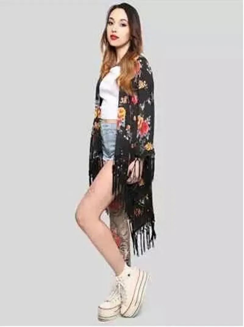Trendy Contrast Flower Print Irregular Tassel Hem Cardigan Kimono Blouse Women's Loose Shirt Blouses Tops 5