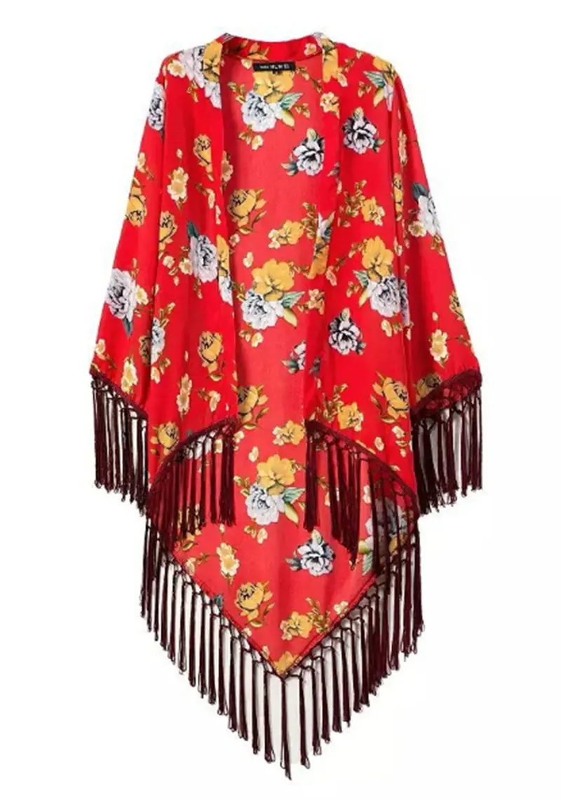 Trendy Contrast Flower Print Irregular Tassel Hem Cardigan Kimono Blouse Women's Loose Shirt Blouses Tops 6