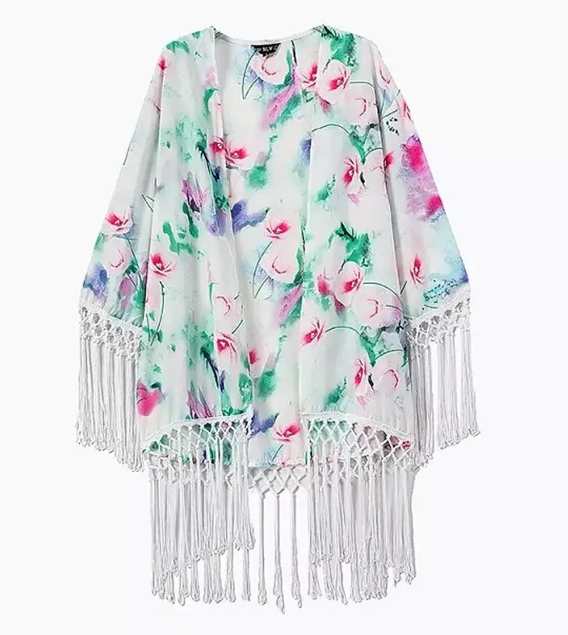 Trendy Contrast Ink Flower Print Tassel Hem Cotton Cardigan Kimono Blouse Women's Loose Shirt Blouses Tops 1