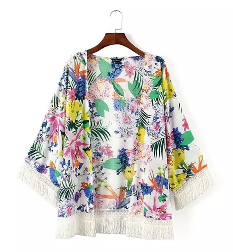 Trendy Contrast Leaf & Flower Print Spliced Tassel Hem Cotton Cardigan Kimono Blouse Women's Loose Shirt Blouses Tops 1