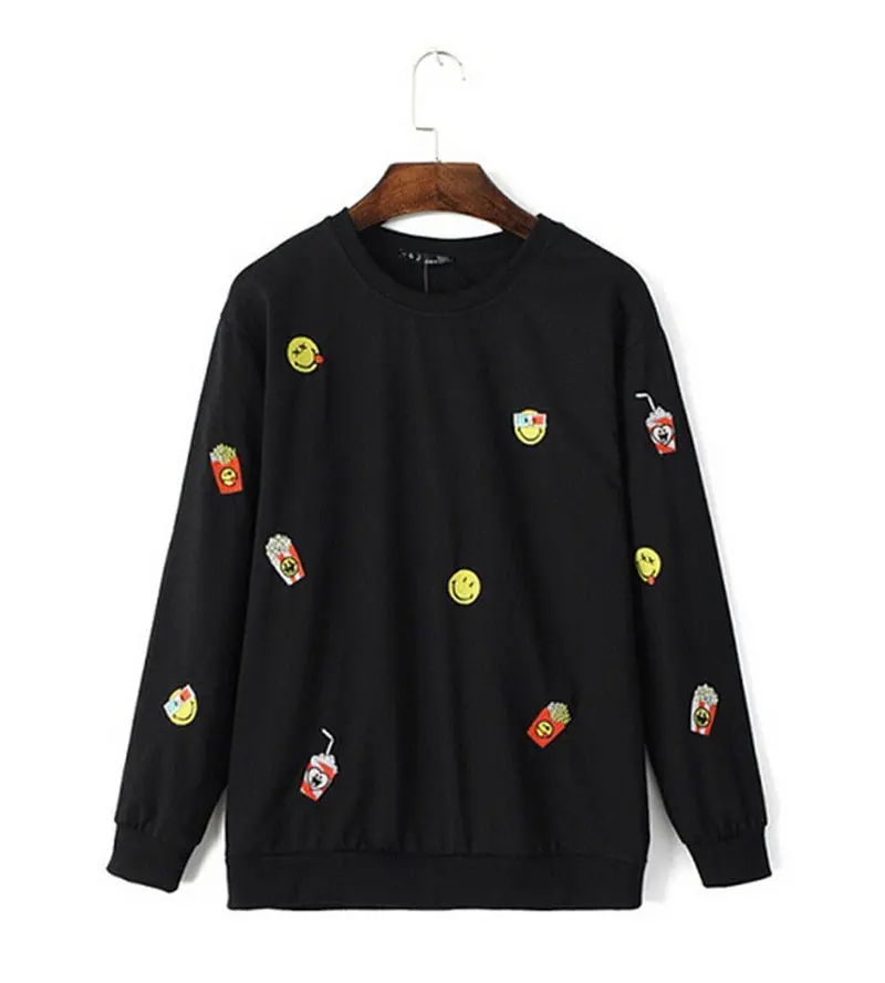 Trendy Embroidery Smile Face & Fries O Neck Pullover Sweatshirt Women's Loose Sweatshirt Casual Jumper Hoodies Sweats Tops 1