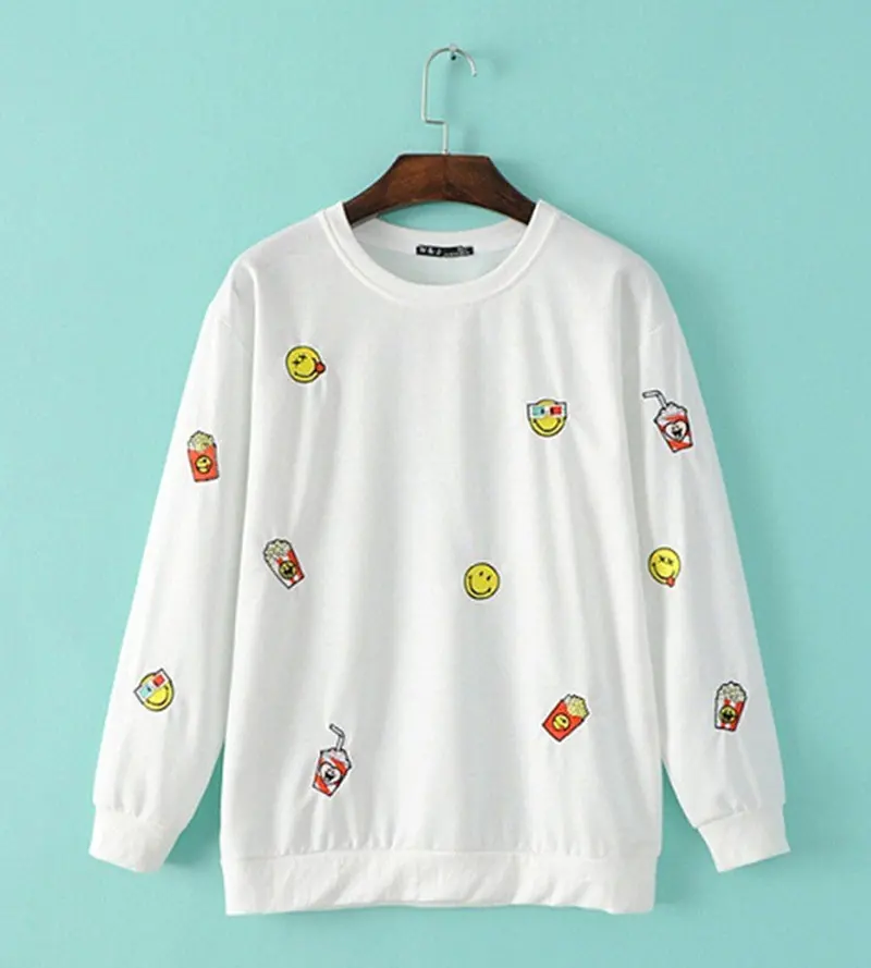 Trendy Embroidery Smile Face & Fries O Neck Pullover Sweatshirt Women's Loose Sweatshirt Casual Jumper Hoodies Sweats Tops 3