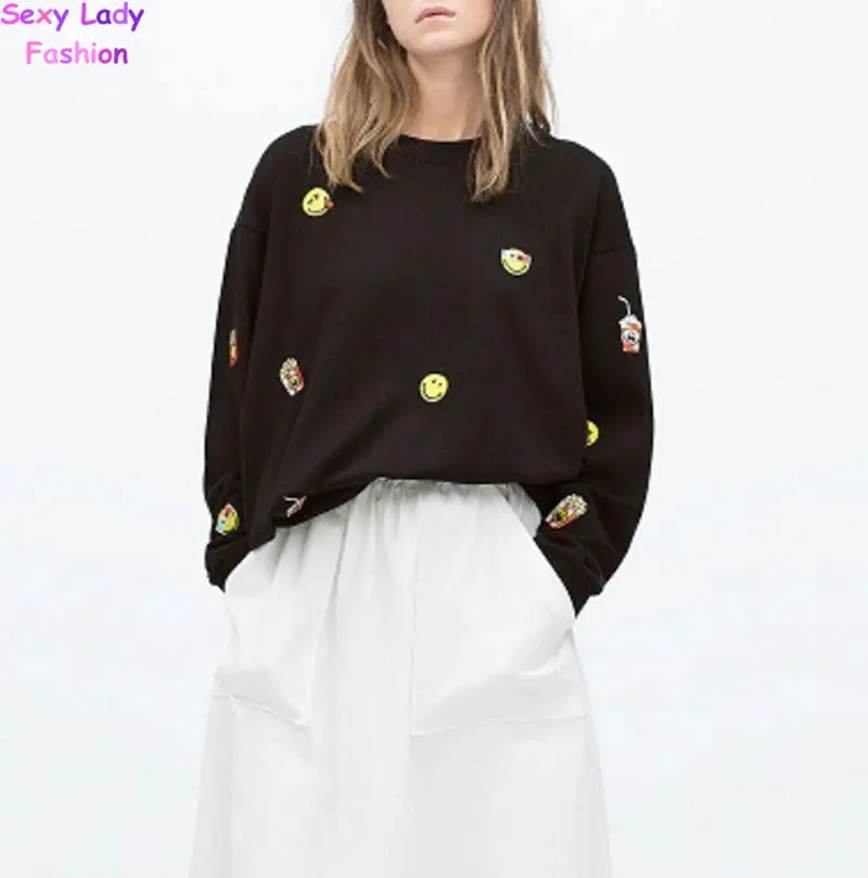 Trendy Embroidery Smile Face & Fries O Neck Pullover Sweatshirt Women's Loose Sweatshirt Casual Jumper Hoodies Sweats Tops 3