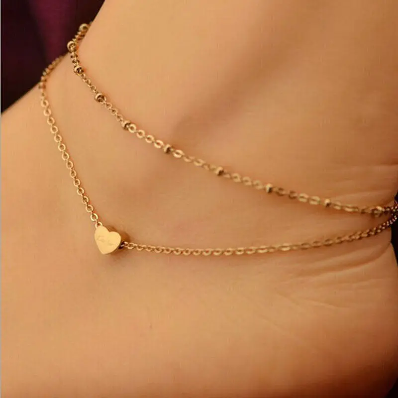 Trendy Gold Anklets Elegant Double Chain Heart Bead Anklet Ankle Bracelet Beach Foot Jewelry For Women 3