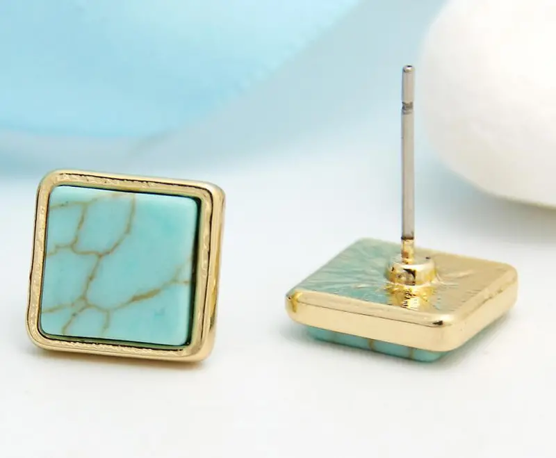 Trendy Gold Geometric Square Turquoise Stud Earrings S130 1