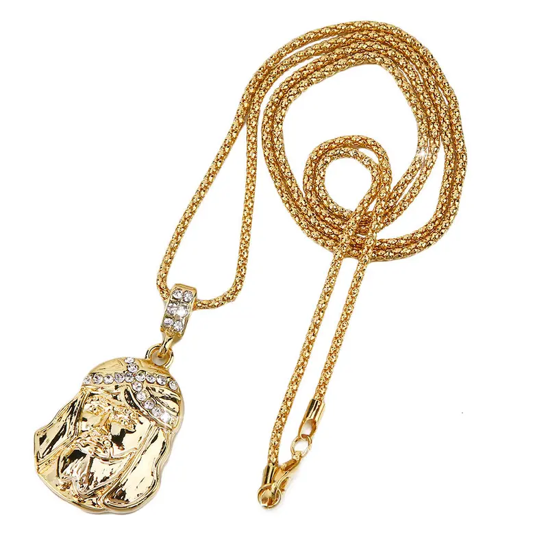 Trendy Gold Jesus Face Piece Pendant Necklace Popcorn Chain Punk Hip Hop Style Jewelry 1